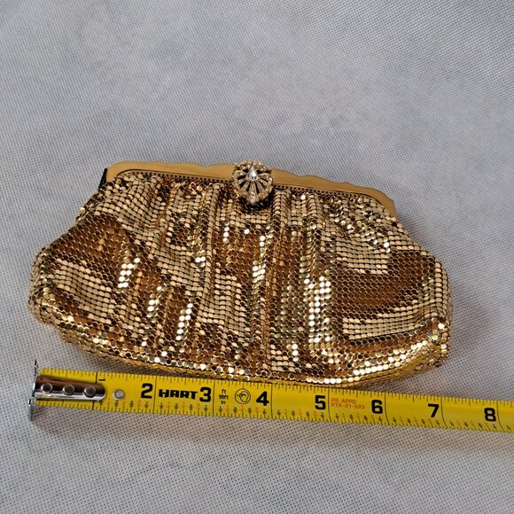 Whiting & Davis Gold Mesh Clutch Rhinestone Accent Vintage USA - Picture 4 of 13
